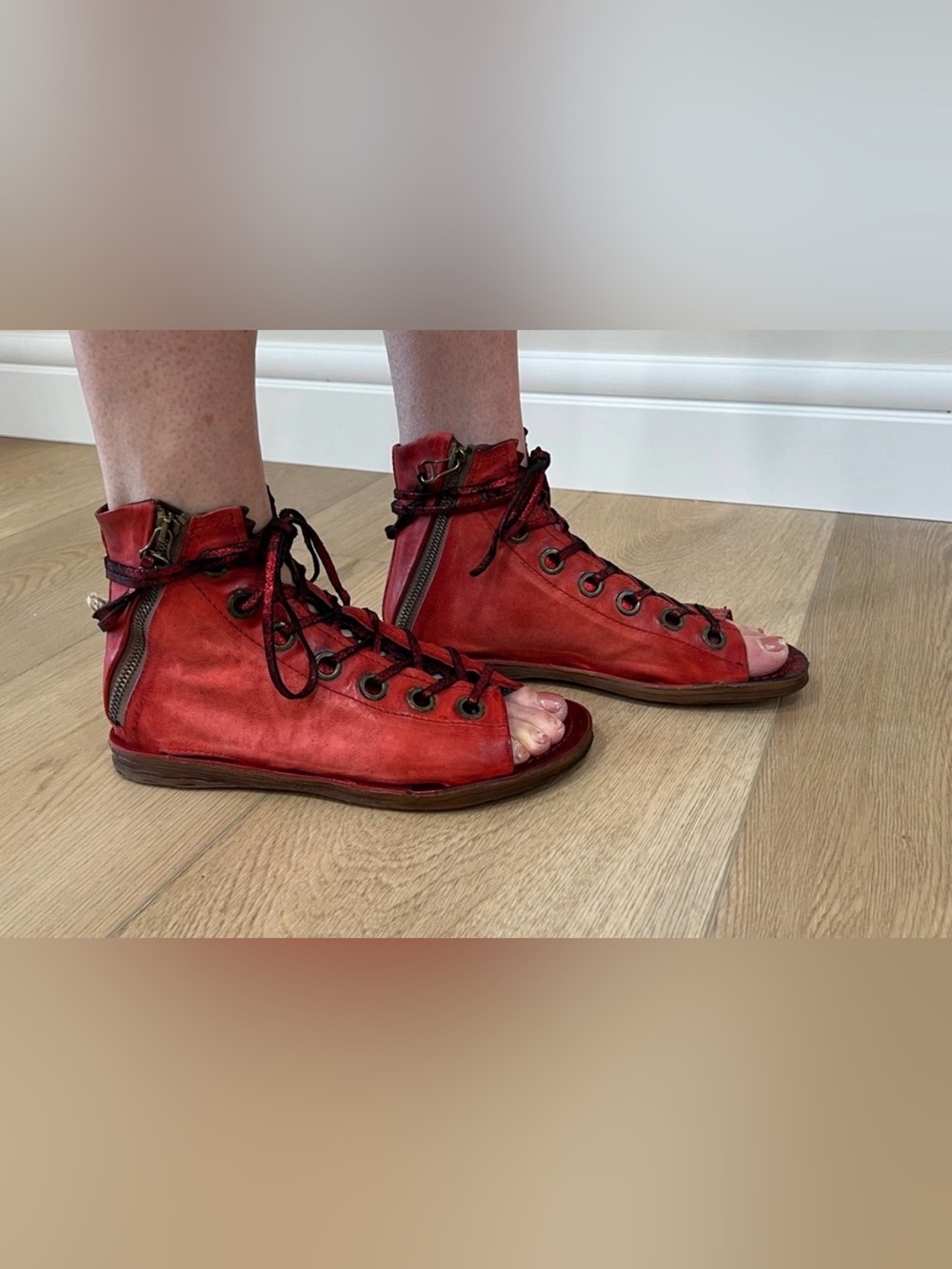 A.S.98 Red Open-Toe Lace-Up Leather Sandal Boots